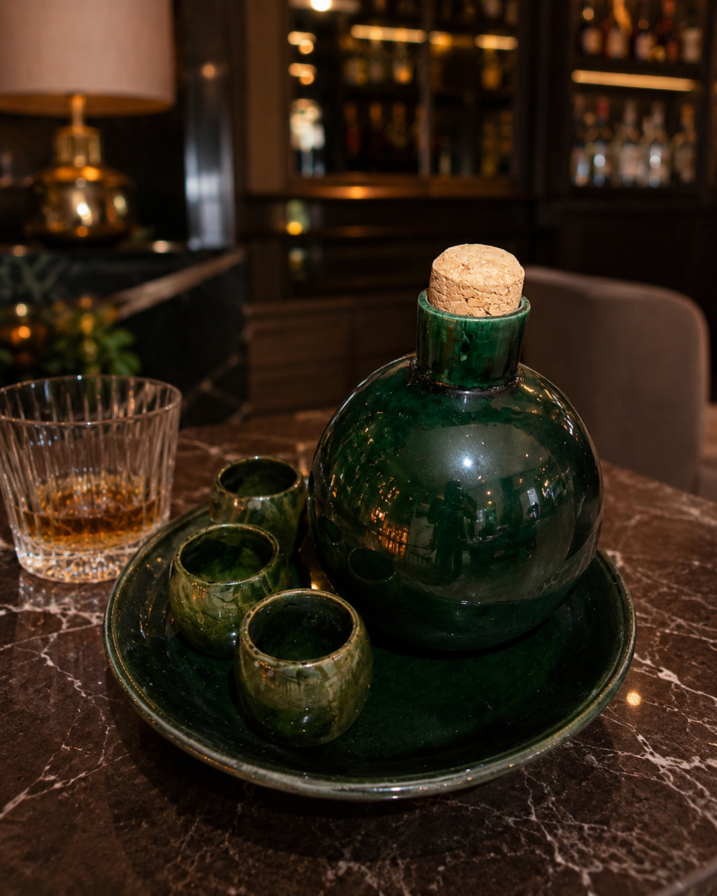 Set Mezcalero de Barro Verde Atzompa | Licorera Artesanal con 3 Vasitos y Plato
